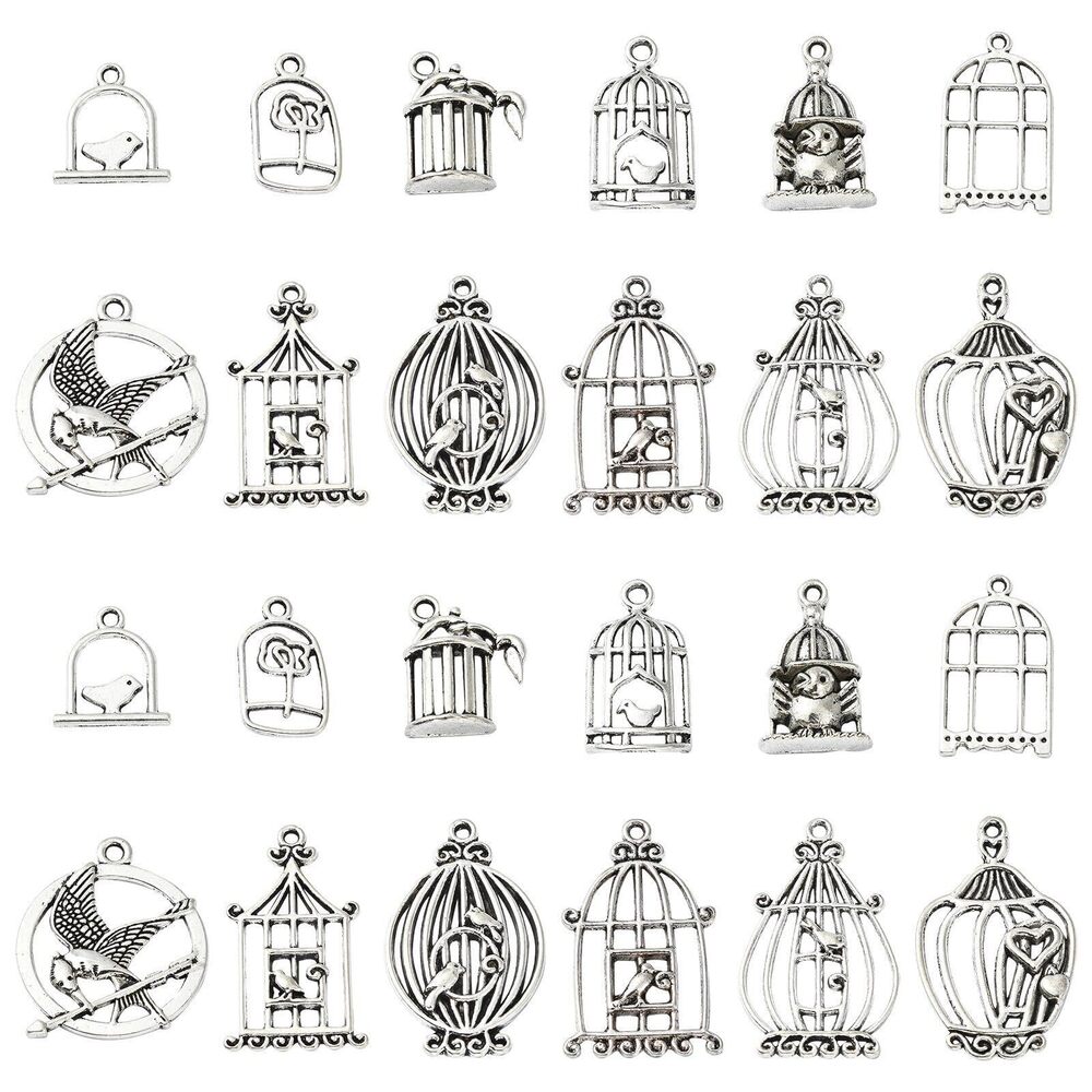 2614 60pcs 12 Styles Tibetan Birdcage Charm - Antique Silver Bird Cage